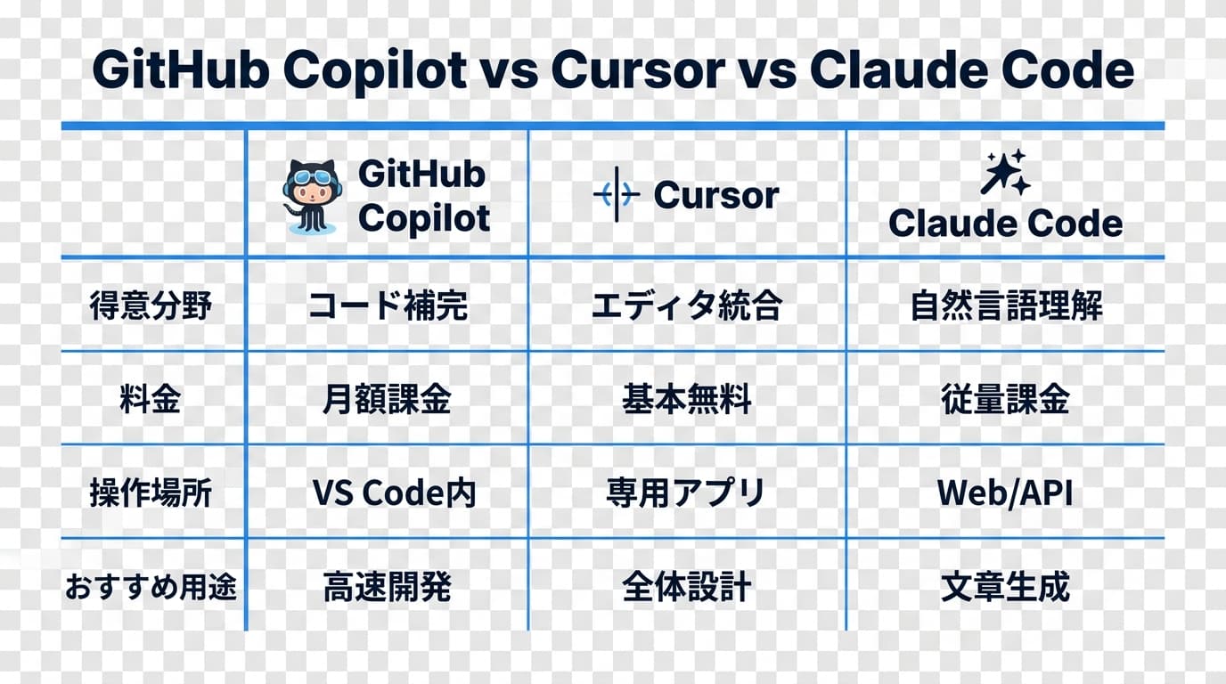 GitHub Copilot・Cursor・Claude Codeの比較図