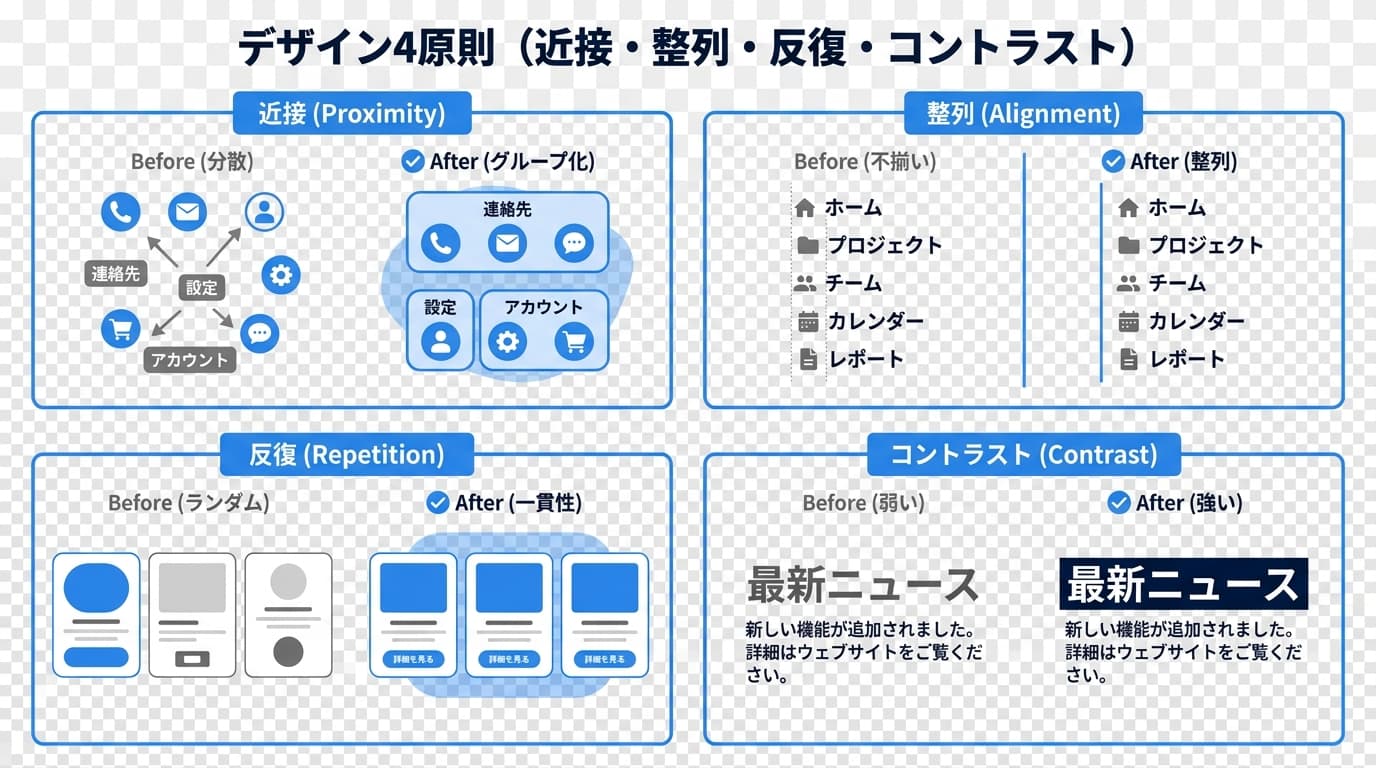デザイン4原則(近接・整列・反復・コントラスト)の図解